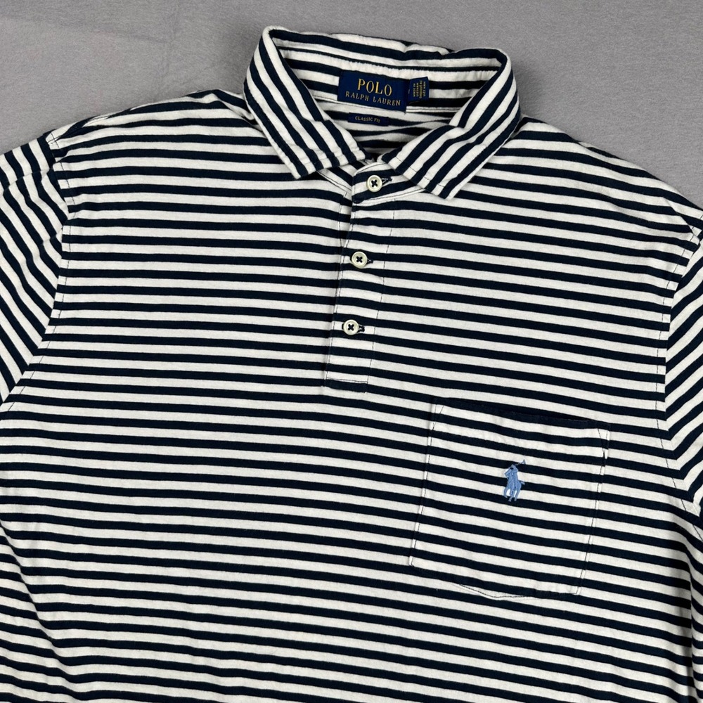 Polo Ralph Lauren Mens Classic Fit Striped Pocket Polo Shirt Navy White Medium